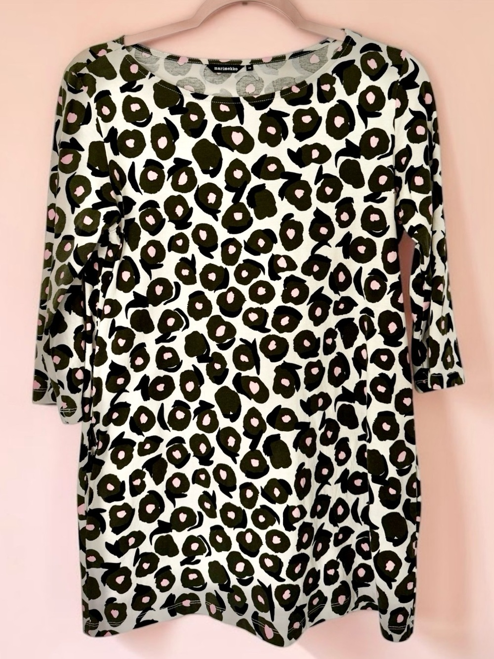 Marimekko Peretta Tunic Vikuri Print Erja Hirvi 100% Cotton Jersey Olive Pink XS